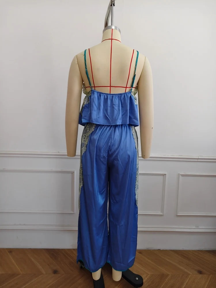 Women's Solid Satin Pajama Set V-Neck Lace Cami Top Elastic Waistband Lace Trim Pants Women's Sleepwear Loungewear