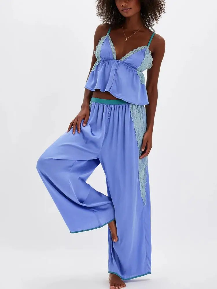 Women's Solid Satin Pajama Set V-Neck Lace Cami Top Elastic Waistband Lace Trim Pants Women's Sleepwear Loungewear