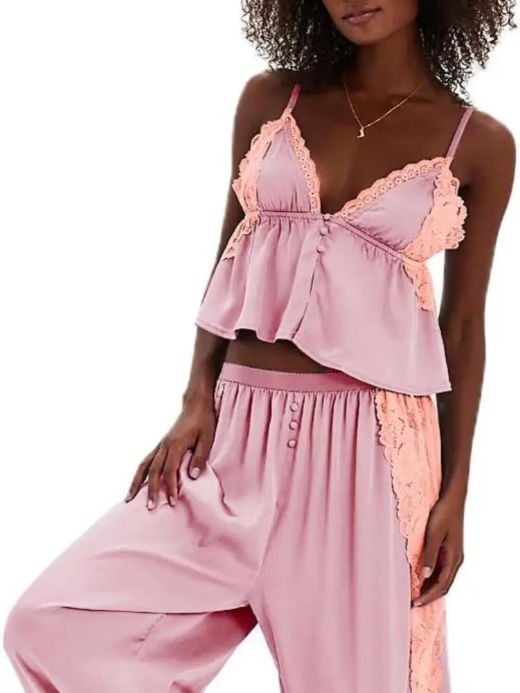 Women's Solid Satin Pajama Set V-Neck Lace Cami Top Elastic Waistband Lace Trim Pants Women's Sleepwear Loungewear