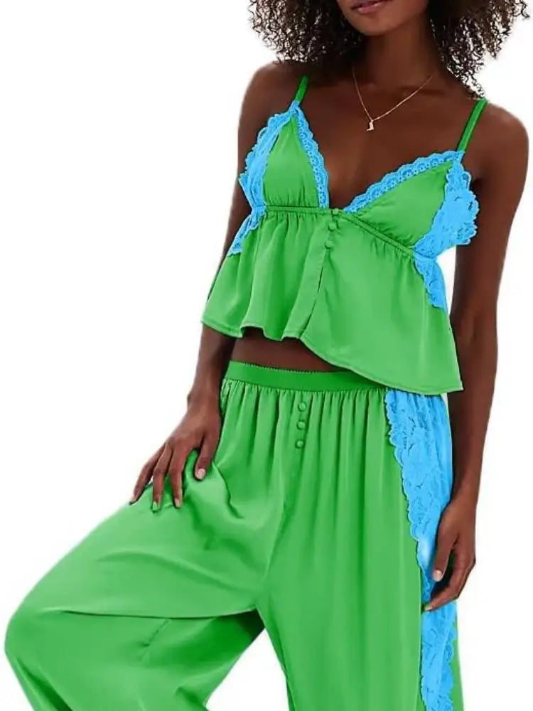 Women's Solid Satin Pajama Set V-Neck Lace Cami Top Elastic Waistband Lace Trim Pants Women's Sleepwear Loungewear