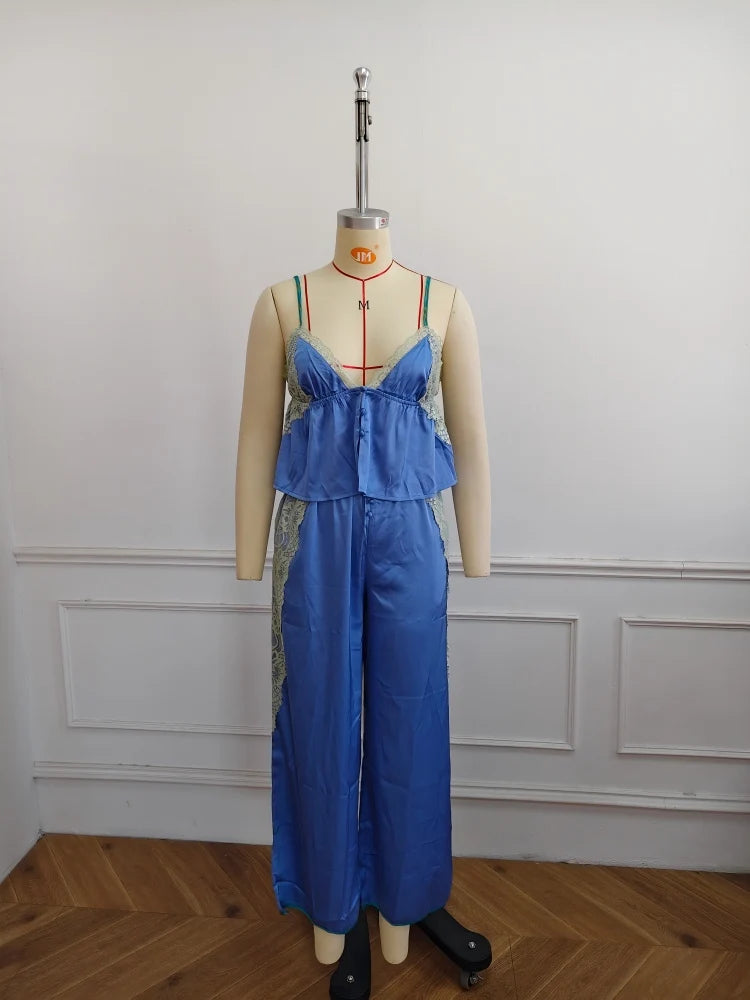 Women's Solid Satin Pajama Set V-Neck Lace Cami Top Elastic Waistband Lace Trim Pants Women's Sleepwear Loungewear