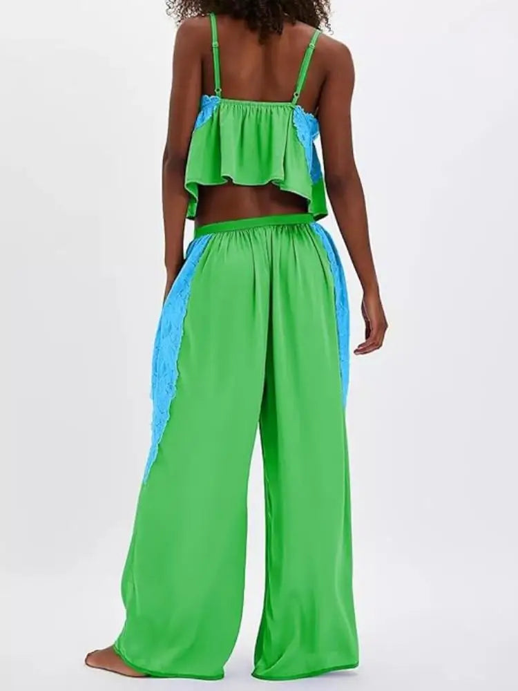 Women's Solid Satin Pajama Set V-Neck Lace Cami Top Elastic Waistband Lace Trim Pants Women's Sleepwear Loungewear