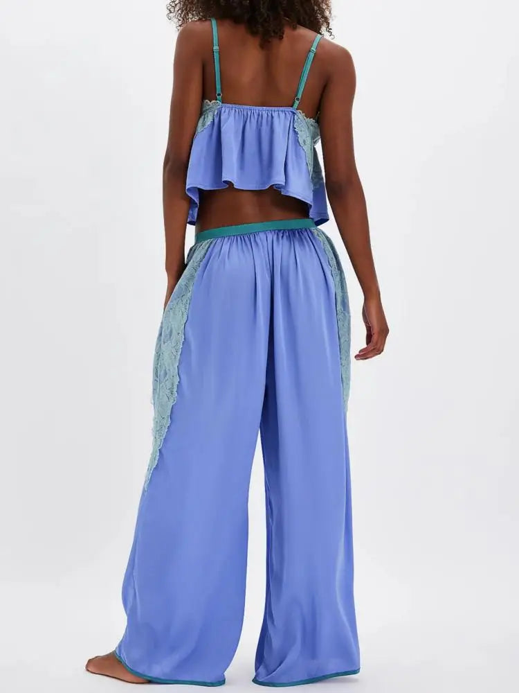 Women's Solid Satin Pajama Set V-Neck Lace Cami Top Elastic Waistband Lace Trim Pants Women's Sleepwear Loungewear