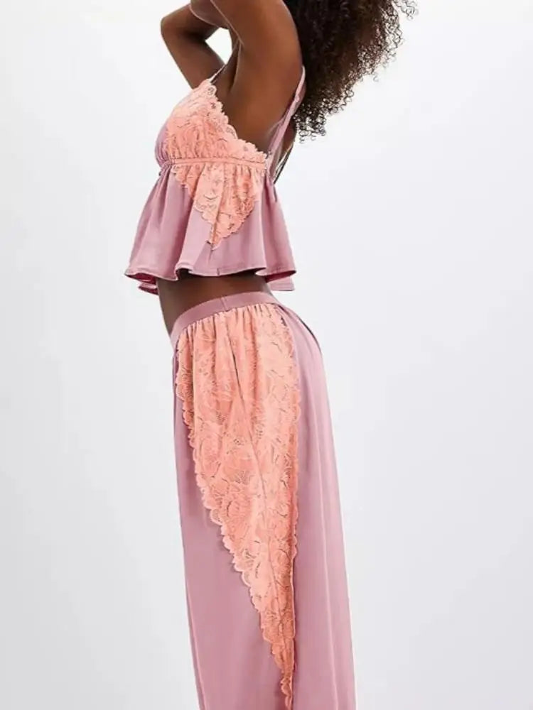 Women's Solid Satin Pajama Set V-Neck Lace Cami Top Elastic Waistband Lace Trim Pants Women's Sleepwear Loungewear