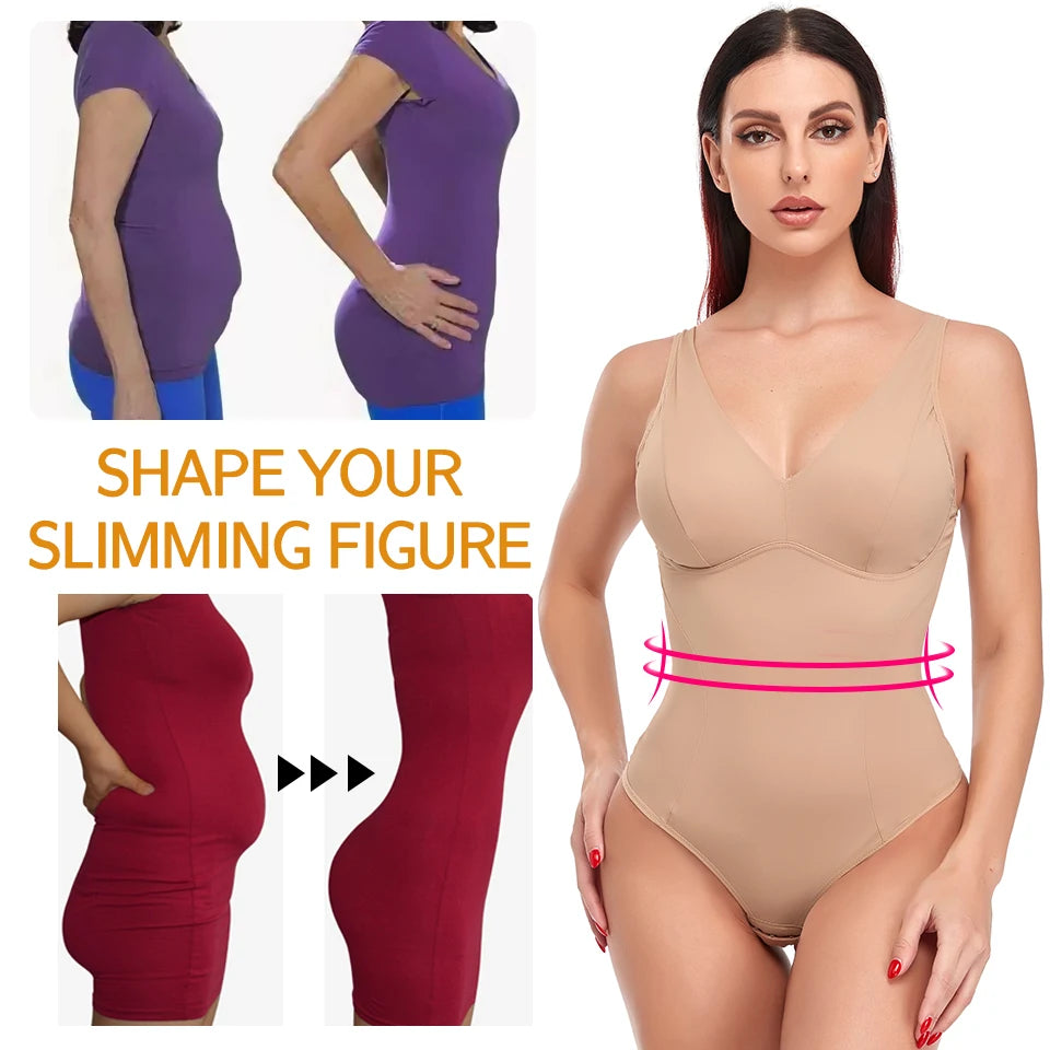 Shapewear Bodysuit Thong Shaper for Women Waist Trainer Body Shaper Deep V Neck Slimming Underwear Built-in Bra Camisoles Tops