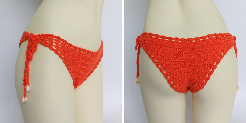 Women's Sport Sexy Bikini Thong Handmade Crochet Swimwear Bikini Bottom Hollow-out Low Waist Bathing Suit Bottoms