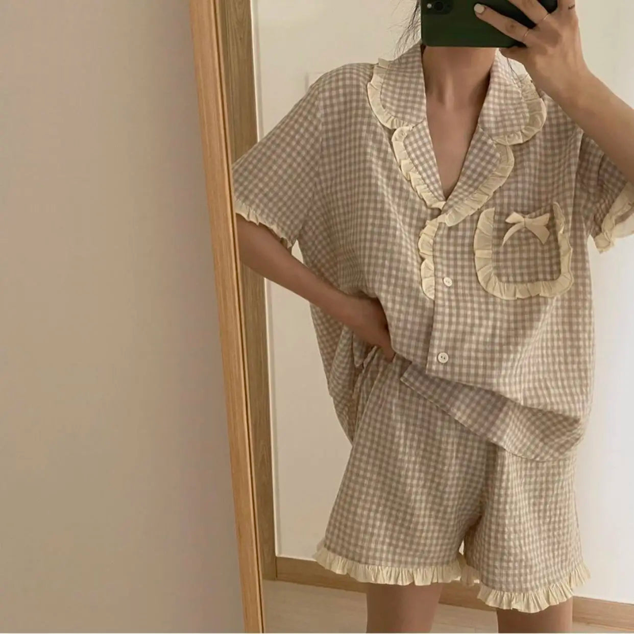 Pajama Sets Women Kawaii Plaids Students Popular Maiden Sweet Edible Tree Fungus Turn-down Collar Princess Homewear Sleep Shorts