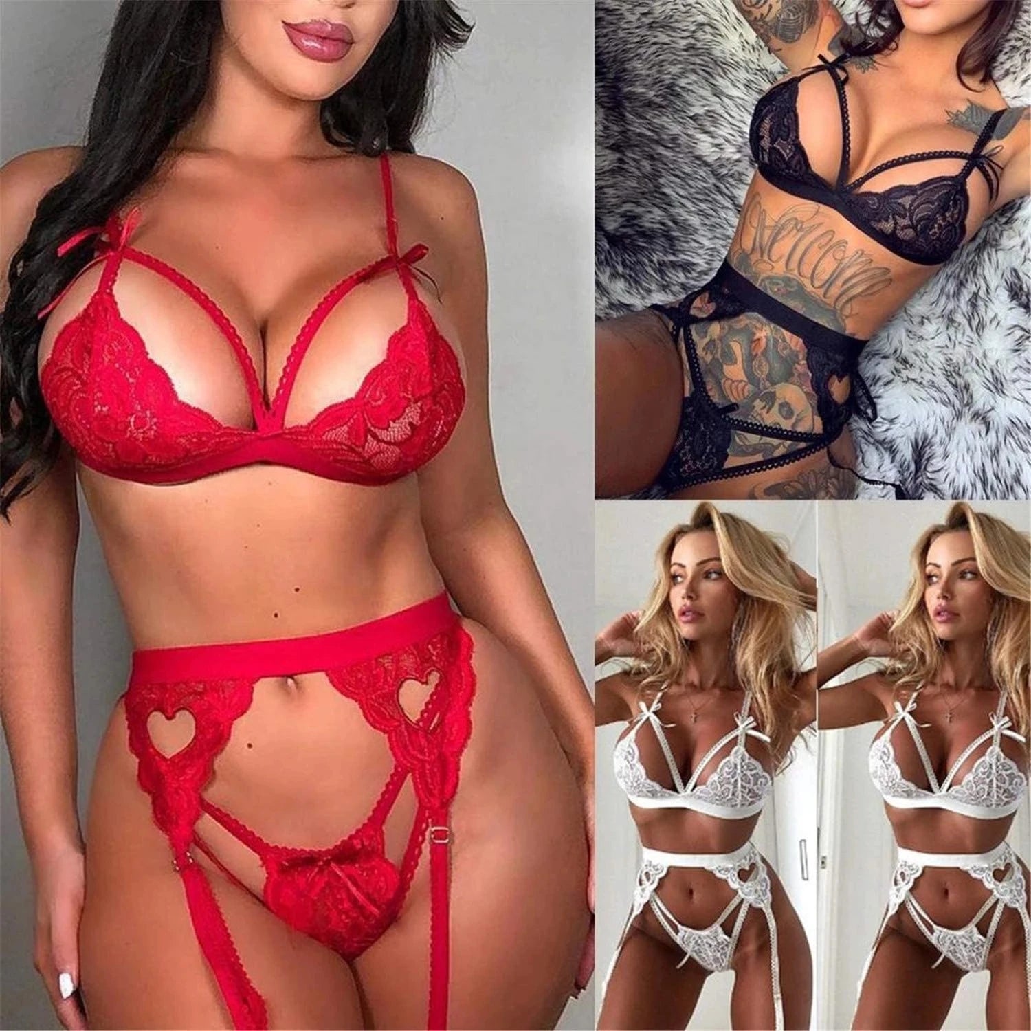Fashion Hot Red Lingerie Babydoll Erotic Women Sexy Lace Underwear Vest Top G-string Bra Panty Set Breathable Porn Clothes
