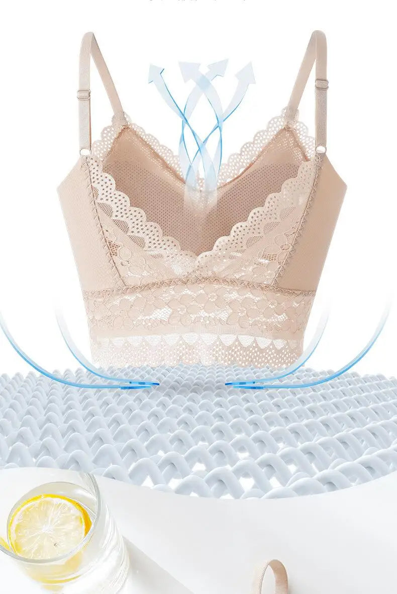 Wireless Embroidery Lace Bra Ice Silk Sling Women Underwear Sexy And Beautiful Back Tops Removable Chest Pad Brassiere
