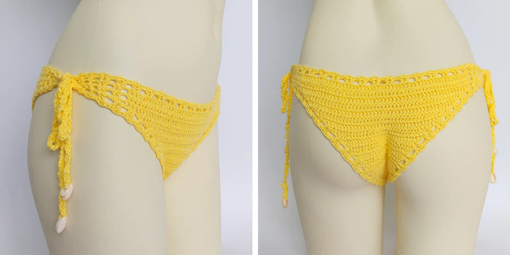 Women's Sport Sexy Bikini Thong Handmade Crochet Swimwear Bikini Bottom Hollow-out Low Waist Bathing Suit Bottoms