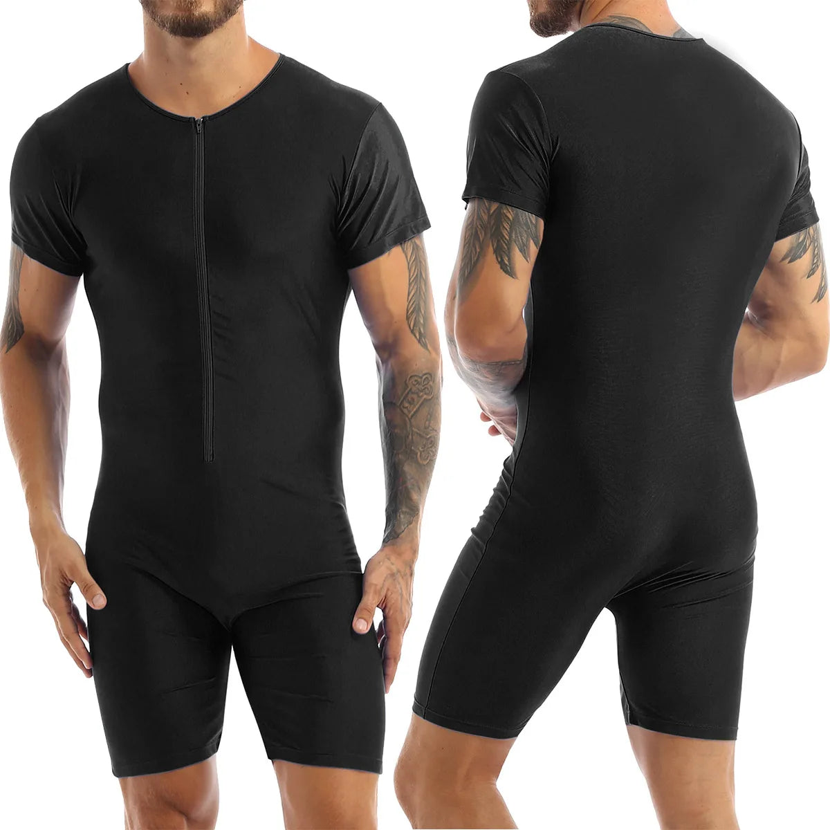 Mens One-piece Swimwear Short Sleeve Zipper Glossy Soft Boxer Bodysuit Swimsuit Beach Pool Party Bathing Suit Rash Guard Wetsuit