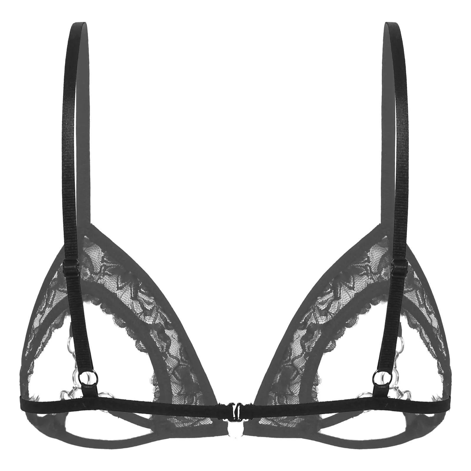 Womens Sheer Mesh Floral Lace Nipple Split Wire-Free Unlined Bikini Bra Triangle Bralette Exotic Open Cups Bras Plus Size