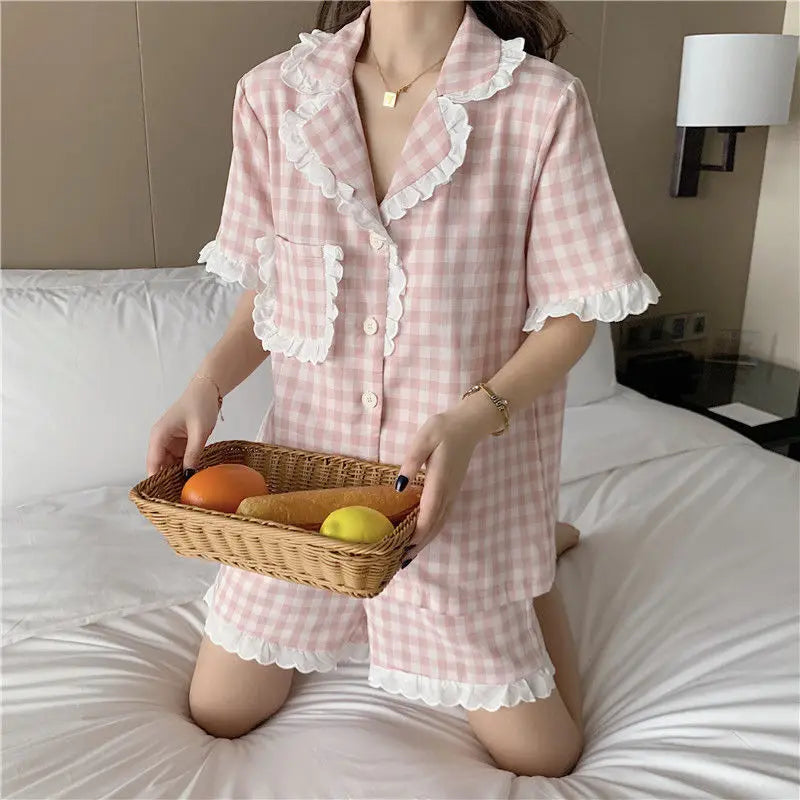 Pajama Sets Women Kawaii Plaids Students Popular Maiden Sweet Edible Tree Fungus Turn-down Collar Princess Homewear Sleep Shorts