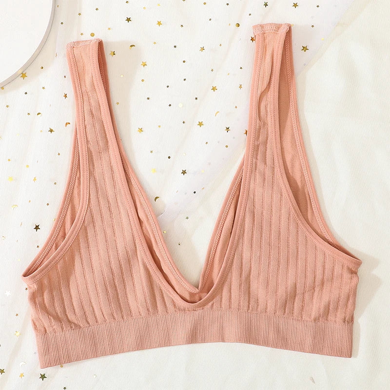 Push-Up Bras For Women Seamless Ribbed Deep V Bralette Unlined Sexy Lingerie Wireless Crop Top S-XL Plunge Sports Underwear