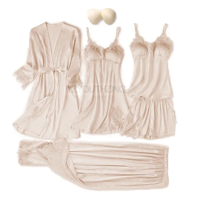 Pajama Set Women Lace Trim Satin Sleepwear Pyjamas Pour Femme Summer Nightwear With Pants Casual Home Wear Kimono Robe Gown PJS