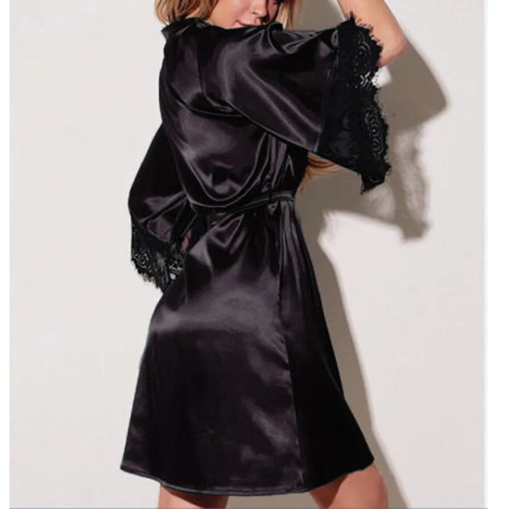 2019 New Sexy Lingerie Transparan Summer Sexy Women's Ladies Bride Robes Kimono Robe Satin Silk Lace Night Wear Gown Sleepwear