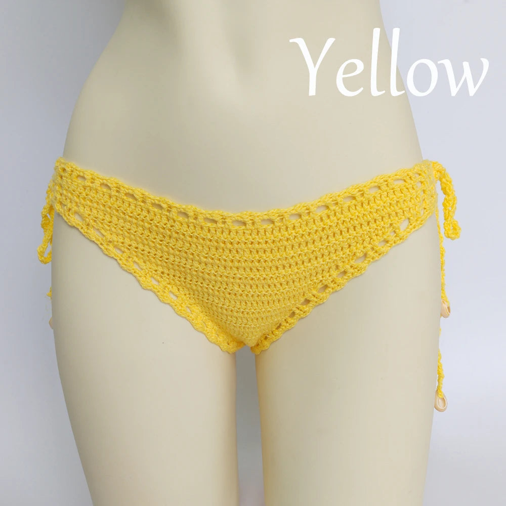 Women's Sport Sexy Bikini Thong Handmade Crochet Swimwear Bikini Bottom Hollow-out Low Waist Bathing Suit Bottoms