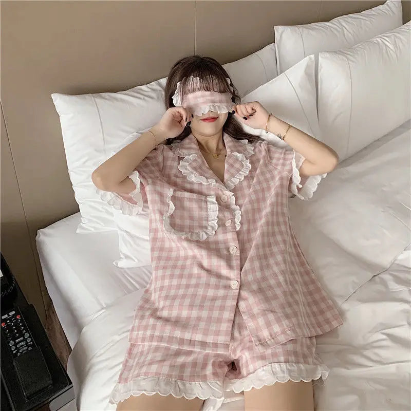 Pajama Sets Women Kawaii Plaids Students Popular Maiden Sweet Edible Tree Fungus Turn-down Collar Princess Homewear Sleep Shorts