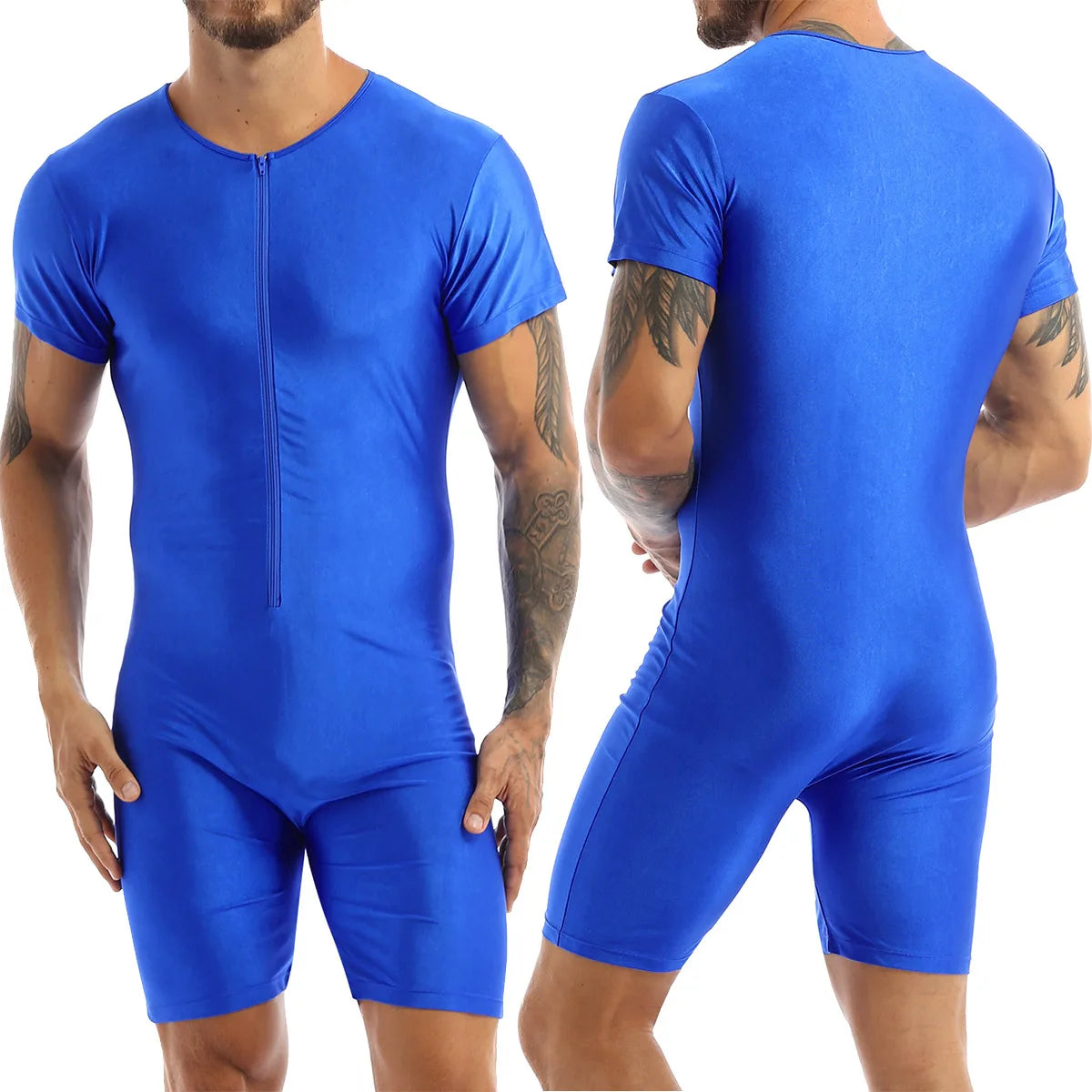 Mens One-piece Swimwear Short Sleeve Zipper Glossy Soft Boxer Bodysuit Swimsuit Beach Pool Party Bathing Suit Rash Guard Wetsuit