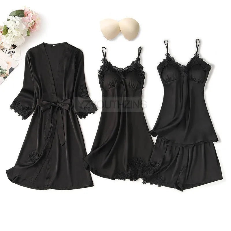 Pajama Set Women Lace Trim Satin Sleepwear Pyjamas Pour Femme Summer Nightwear With Pants Casual Home Wear Kimono Robe Gown PJS
