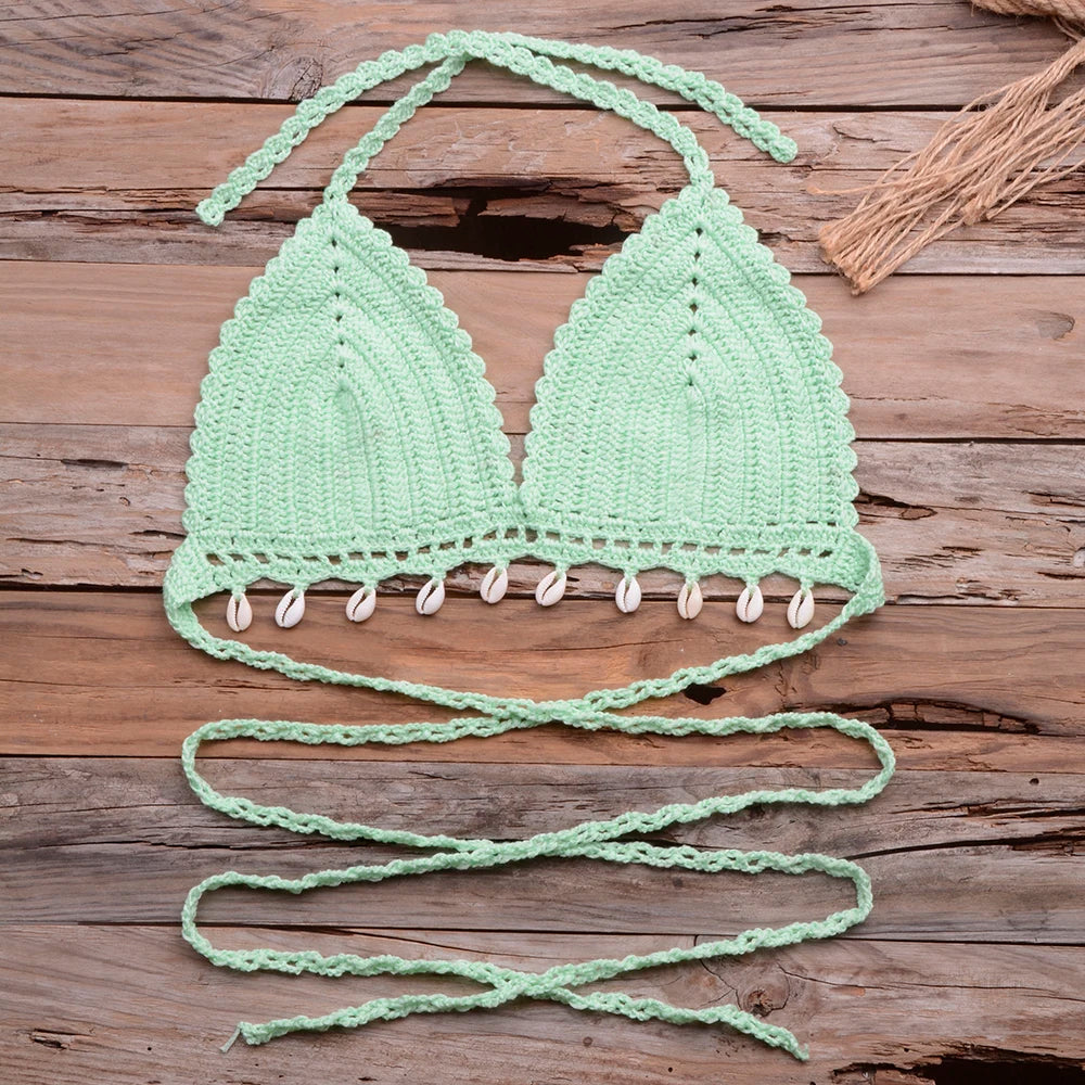 Knitted Bra Top Bikini Set Womens Swimsuit Handemade Crochet Bikini Cover Up Tassel Beach Long Wrap Skirt Sarong Immadman 7004
