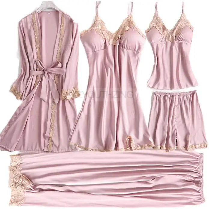Pajama Set Women Lace Trim Satin Sleepwear Pyjamas Pour Femme Summer Nightwear With Pants Casual Home Wear Kimono Robe Gown PJS