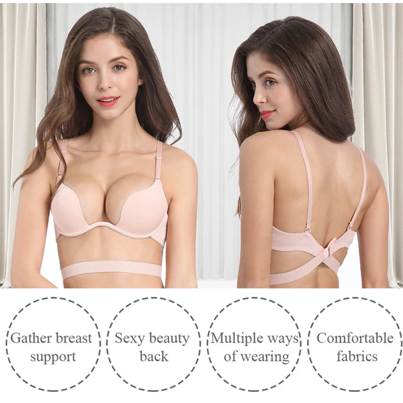 Fashion Backless Bra Lnvisible Lingerie C D Cup Deep U Sexy Bra U Plunge Half Cup Brassiere Black Women Underwear Push Up Bras