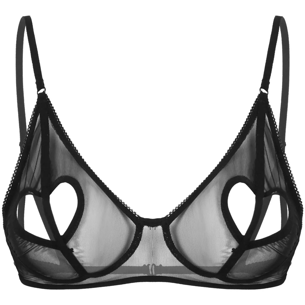 Womens Sheer Mesh Floral Lace Nipple Split Wire-Free Unlined Bikini Bra Triangle Bralette Exotic Open Cups Bras Plus Size