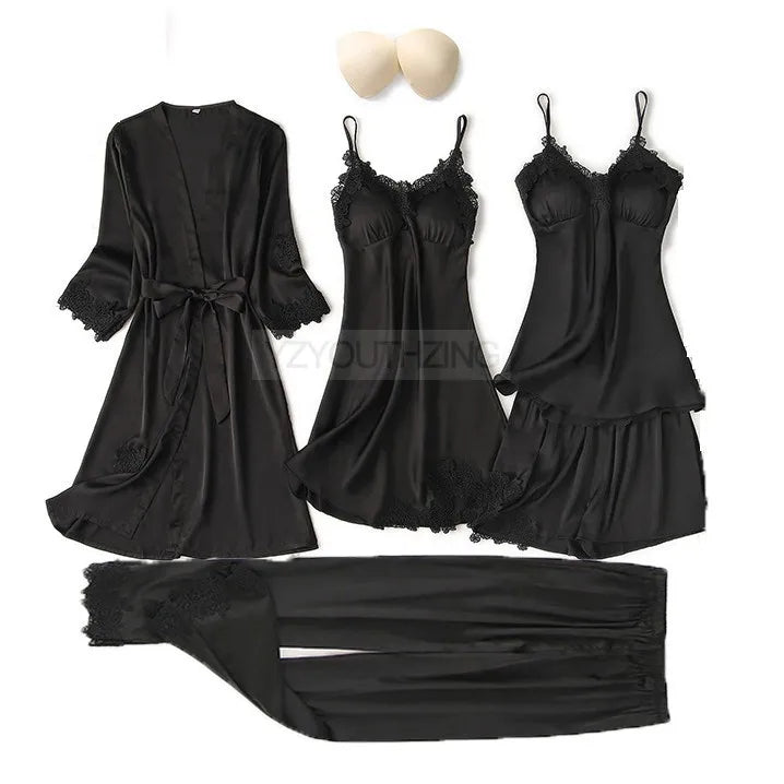 Pajama Set Women Lace Trim Satin Sleepwear Pyjamas Pour Femme Summer Nightwear With Pants Casual Home Wear Kimono Robe Gown PJS