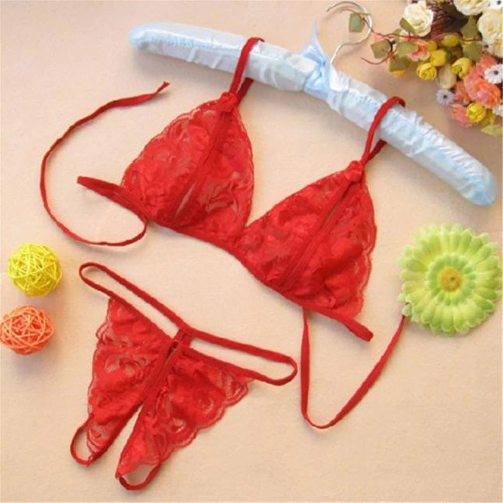 Sexy Lace Transparent Lingerie Set For Couple Sex Hanging Neck Bra Open Crotch Panties Erotic Underwear Lenceria Sensual Mujer