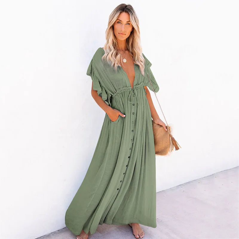 Women's Beach Cover Ups Button Down Sunscreen Bikini Swimwears Vacation Bamboo Maxi Sundress Oversized Bathing Suit Cover Ups