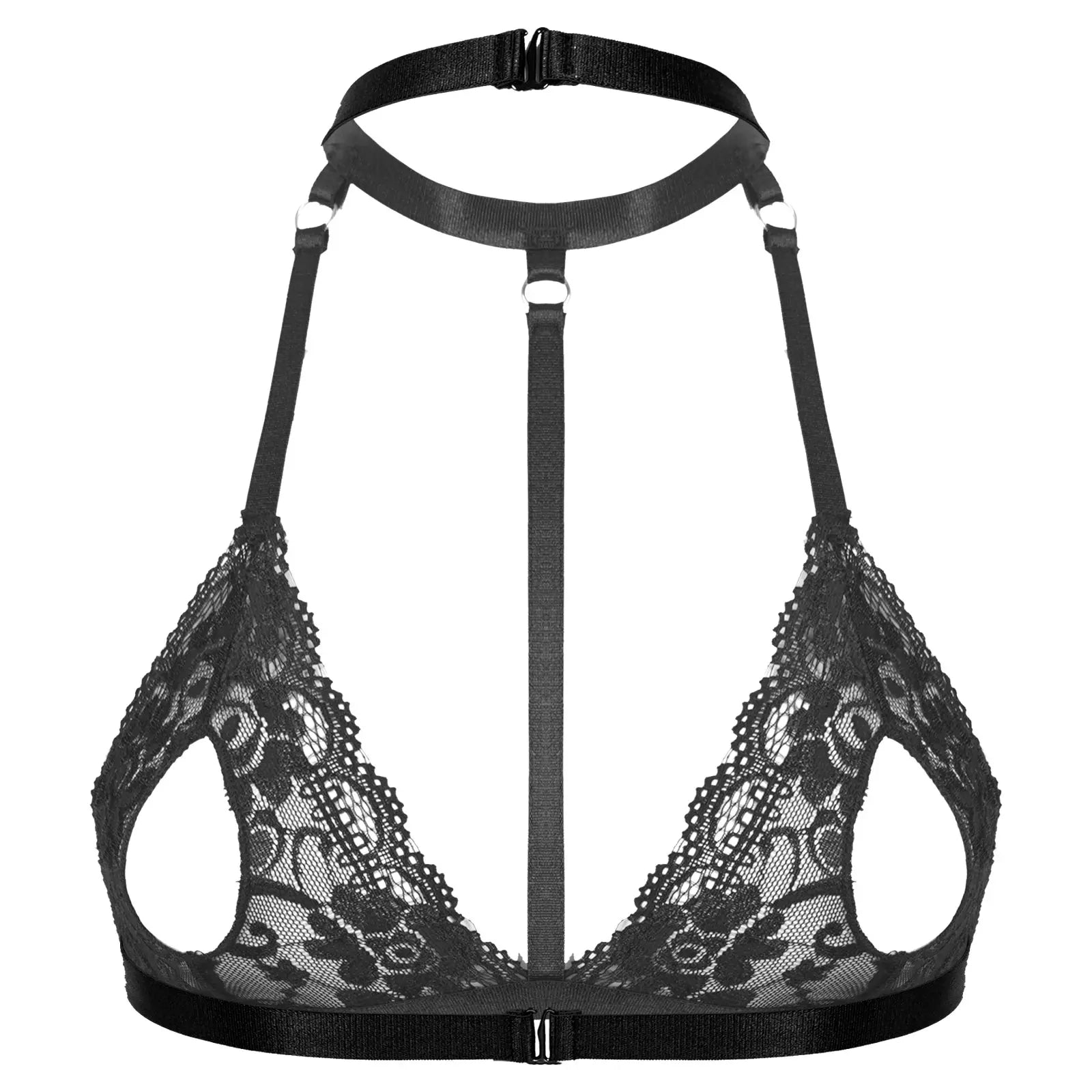Women Hot Sexy Bras See-through Lace Unlined Wireless Bra Tops Female Halter Neck Strappy Hollow Out Nipples Lingerie Brassiere