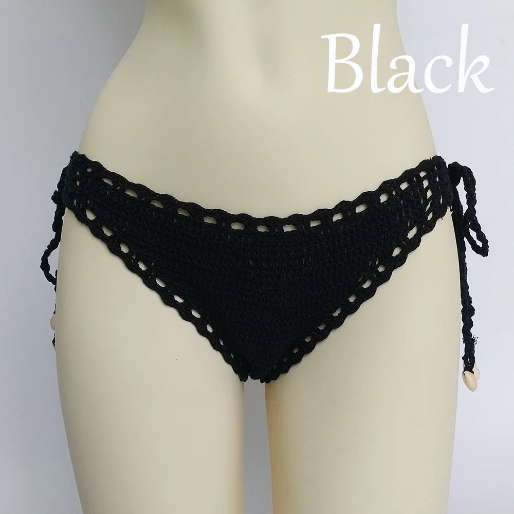 Women's Sport Sexy Bikini Thong Handmade Crochet Swimwear Bikini Bottom Hollow-out Low Waist Bathing Suit Bottoms