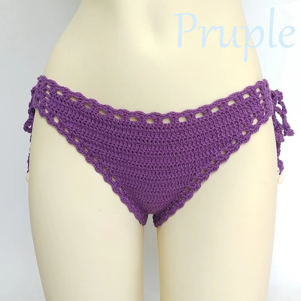 Women's Sport Sexy Bikini Thong Handmade Crochet Swimwear Bikini Bottom Hollow-out Low Waist Bathing Suit Bottoms