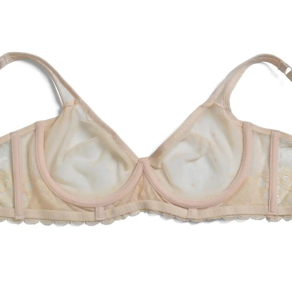 YBCG Nude Bra Unlined Hollow Mesh Lace Lingerie Full Coverage Underwire Bras for Women Plus Size Bralette See Through Underwear