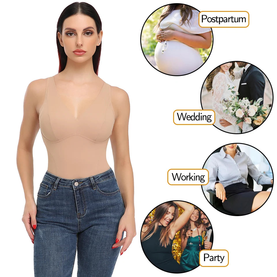 Shapewear Bodysuit Thong Shaper for Women Waist Trainer Body Shaper Deep V Neck Slimming Underwear Built-in Bra Camisoles Tops