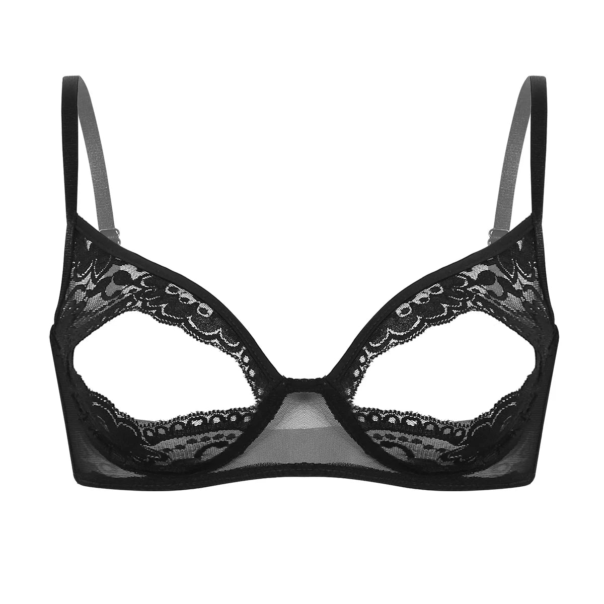 Women Sexy Hollow Out Bra Soft Sheer Lace Adjustable Straps Open Cut Exposed Nipples Brassiere Wire-free Lingerie Top Nightwear