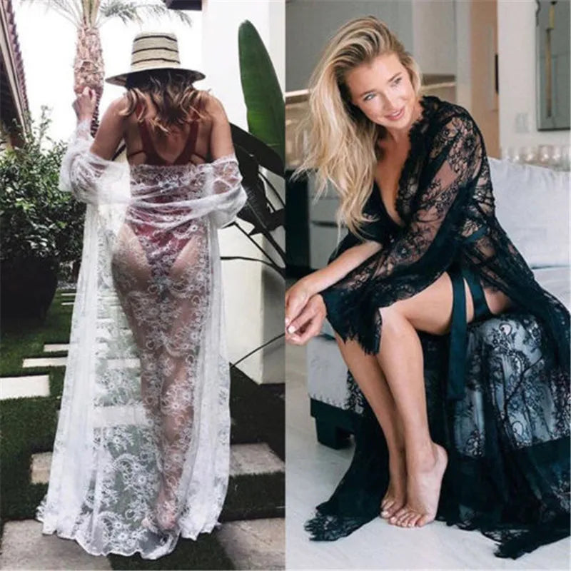 Women Sexy Lace Mesh Night Dress Hollow See-Through Long Robes Beach Cover-ups Cardigan Lingerie Sleepwear Nightwear Sleep Dress