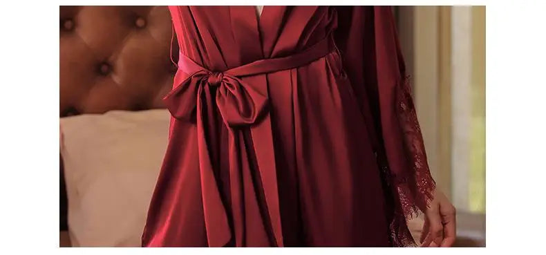 Sexy Robe With Lace Satin Women Nightgown Kimono Bathrobe Gown Pink Nightdress Bride Bridesmaid Wedding Gown Home Clothes