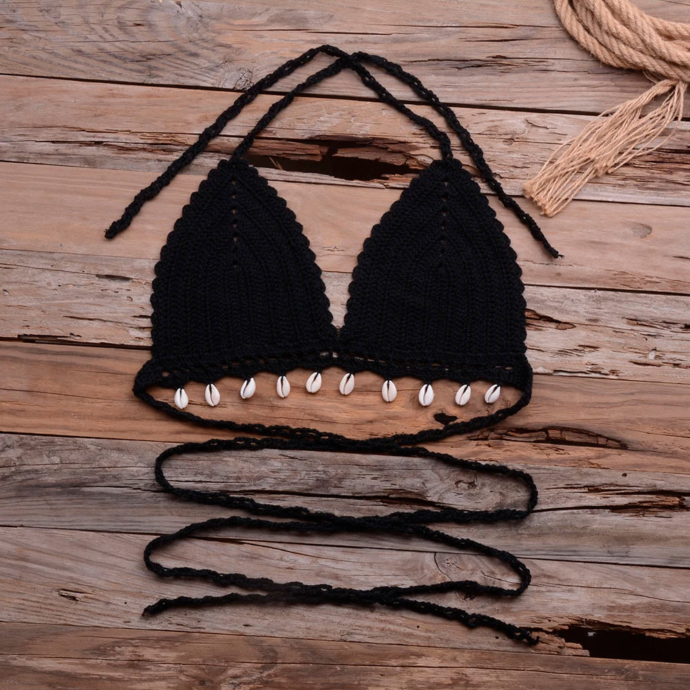 Knitted Bra Top Bikini Set Womens Swimsuit Handemade Crochet Bikini Cover Up Tassel Beach Long Wrap Skirt Sarong Immadman 7004
