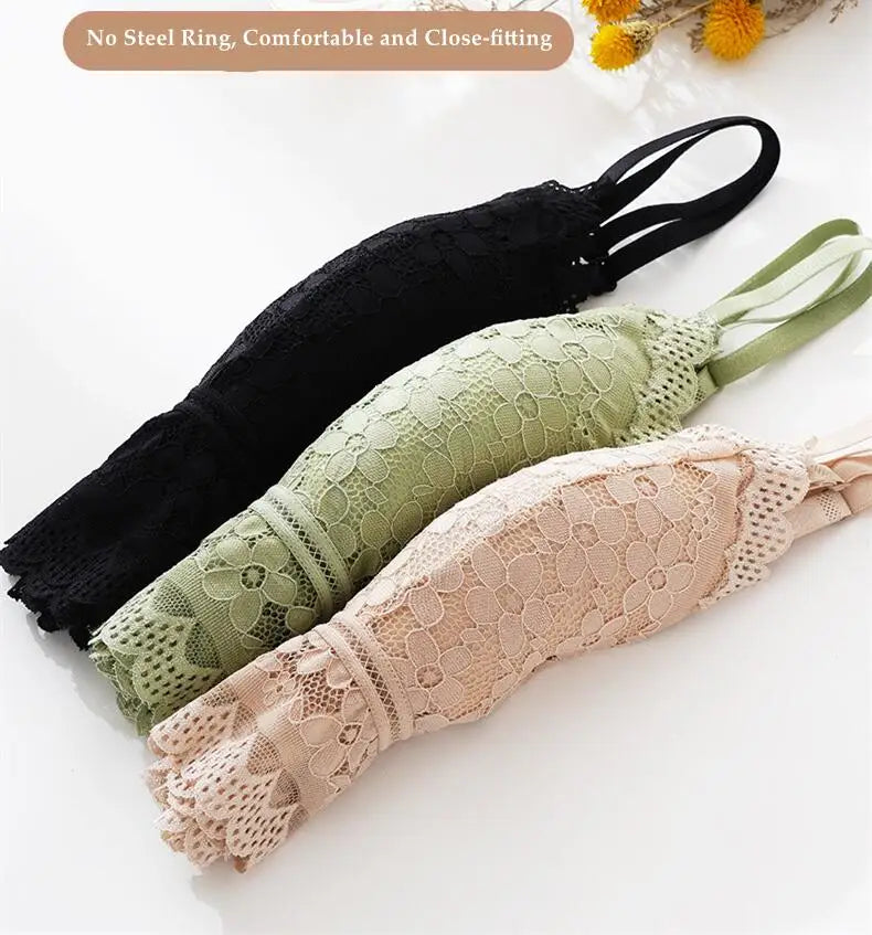 Wireless Embroidery Lace Bra Ice Silk Sling Women Underwear Sexy And Beautiful Back Tops Removable Chest Pad Brassiere