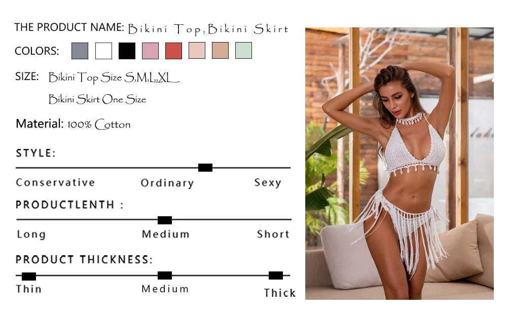 Knitted Bra Top Bikini Set Womens Swimsuit Handemade Crochet Bikini Cover Up Tassel Beach Long Wrap Skirt Sarong Immadman 7004