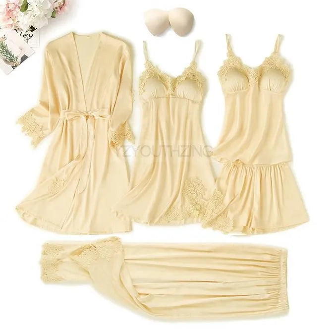 Pajama Set Women Lace Trim Satin Sleepwear Pyjamas Pour Femme Summer Nightwear With Pants Casual Home Wear Kimono Robe Gown PJS