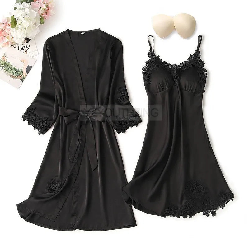 Pajama Set Women Lace Trim Satin Sleepwear Pyjamas Pour Femme Summer Nightwear With Pants Casual Home Wear Kimono Robe Gown PJS