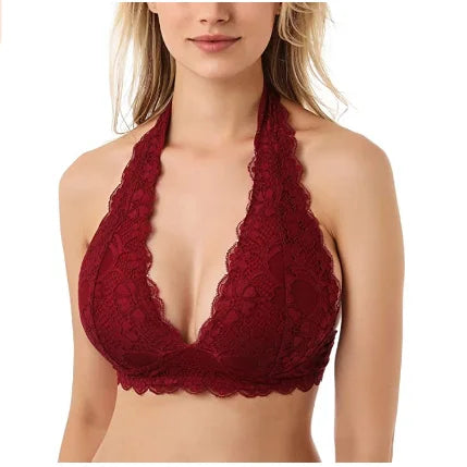 Sexy Floral Lace Halter Bra Bralette Wirefree Lace Bra Top Hook and Eye Closure Back Unpadded