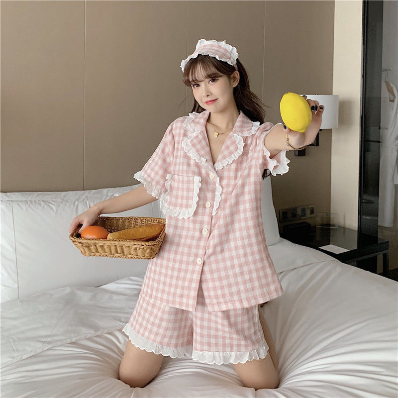 Pajama Sets Women Kawaii Plaids Students Popular Maiden Sweet Edible Tree Fungus Turn-down Collar Princess Homewear Sleep Shorts