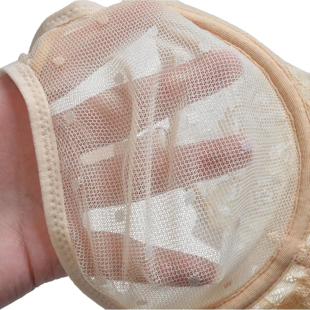 YBCG Nude Bra Unlined Hollow Mesh Lace Lingerie Full Coverage Underwire Bras for Women Plus Size Bralette See Through Underwear