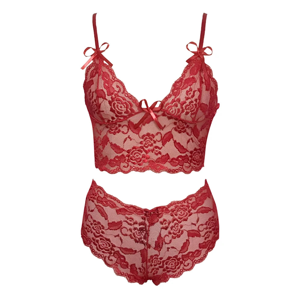 Sexy Sheer Lingerie Underwear Set Women Transparent Lace Bra Set 2023 Vest Camisole Crop Top Panties Outfits Shorts Sleepwear