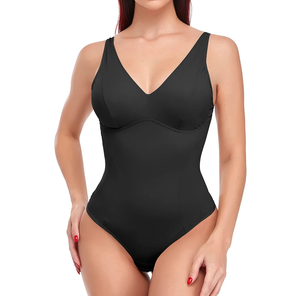 Shapewear Bodysuit Thong Shaper for Women Waist Trainer Body Shaper Deep V Neck Slimming Underwear Built-in Bra Camisoles Tops