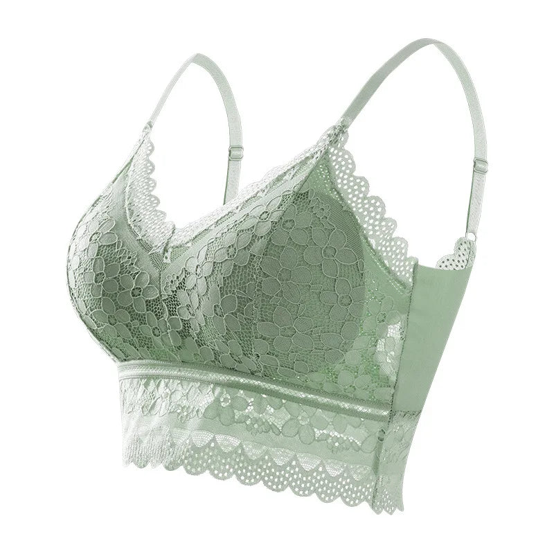 Wireless Embroidery Lace Bra Ice Silk Sling Women Underwear Sexy And Beautiful Back Tops Removable Chest Pad Brassiere